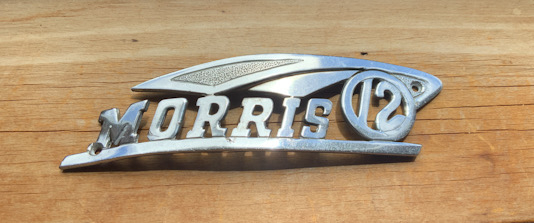 Vintage Morris 12 chromed metal car emblem badge